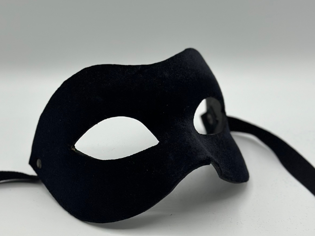 Mask covered with black velvet. Black masquerade mask for man.