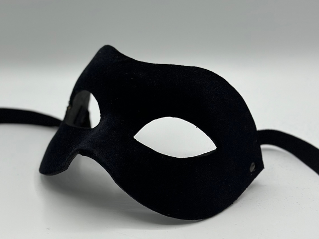 Mask covered with black velvet. Black masquerade mask for man.