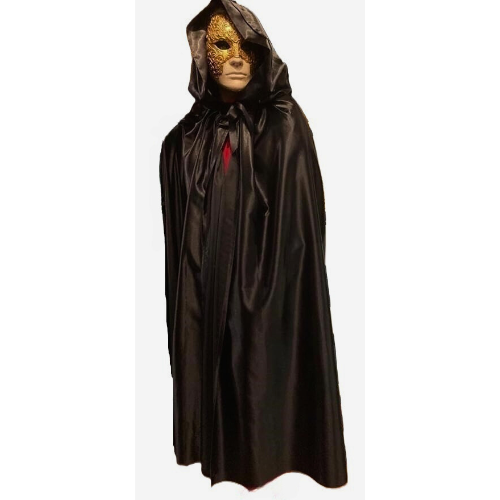 Set aus „Eyes Wide Shut“-Maske und schwarzem Satin-Kapuzenumhang – Halloween-Outfit – Maskenball-Outfit