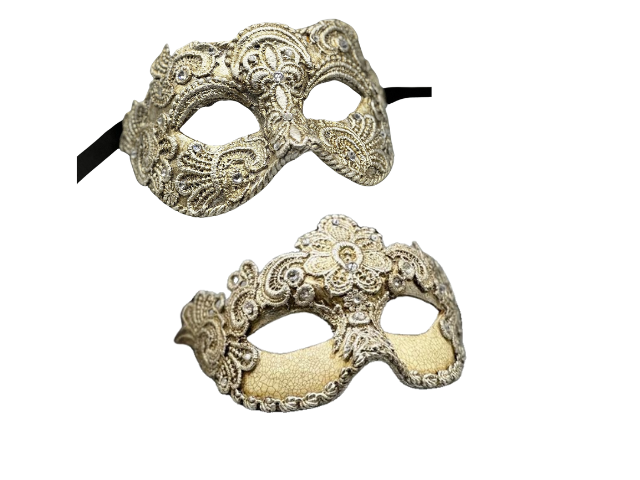 Twee luxe Venetiaanse maskers - man en vrouw - van zilverkleurig kant.  Zilveren maskers voor koppel.