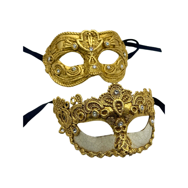 Zwei luxuriöse venezianische Ballmasken - Mann und Frau - aus goldener Spitze. Maskenset für Paare.