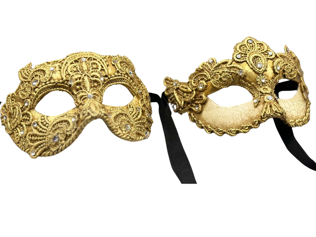 Twee luxe Venetiaanse balmaskers voor man en vrouw - van gouden kant. Maskerade maskerset voor koppels. Koppel maskers.